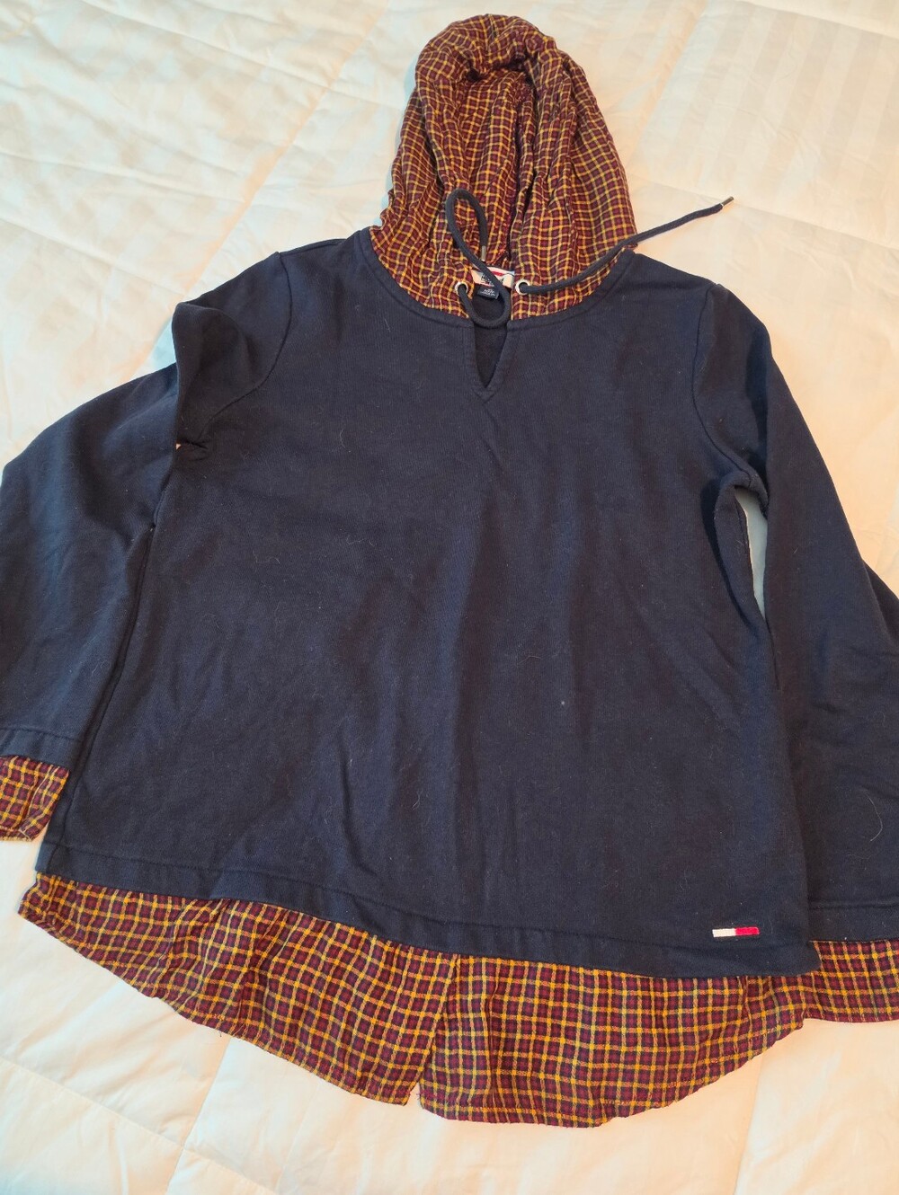 Tommy Hilfiger Navy Hoodie with Red-Yellow Plaid Trim